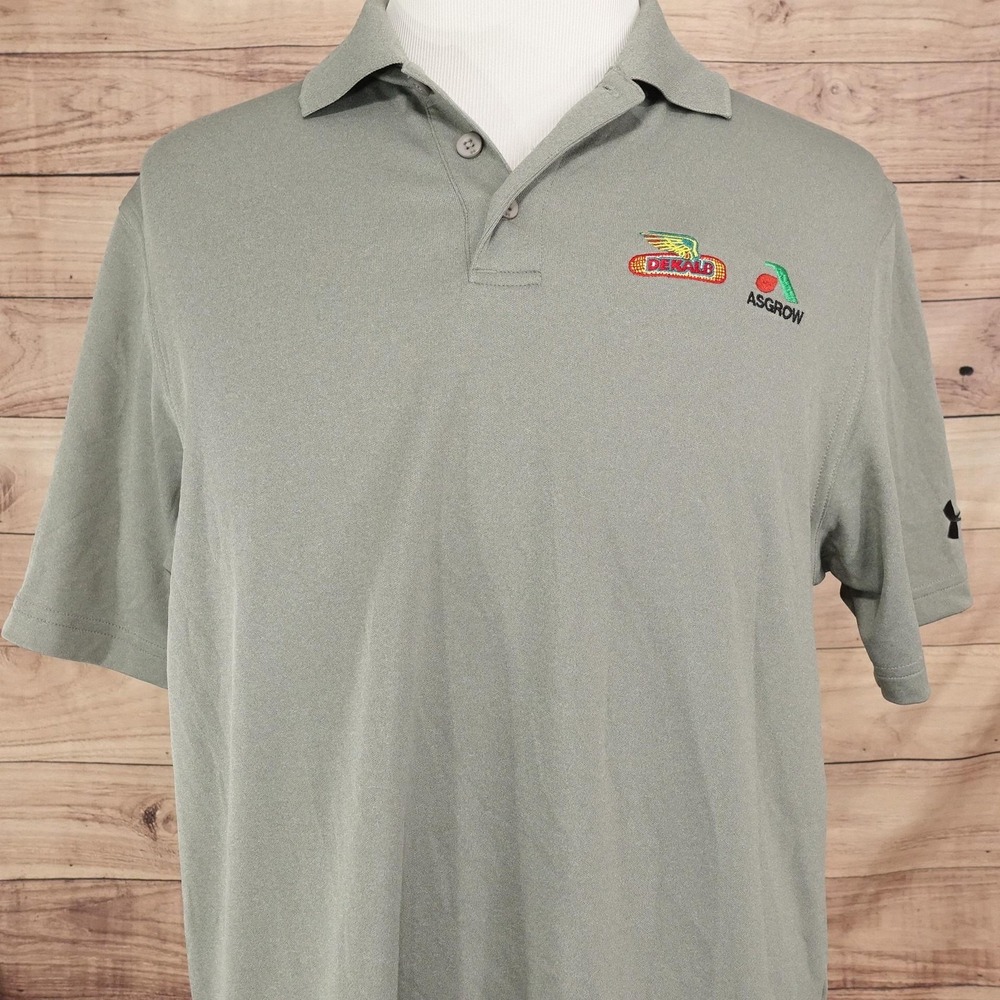 Under Armour HeatGear Polo Shirt Mens M Gray Jersey Dekalb Asgrow Logo Loose Fit